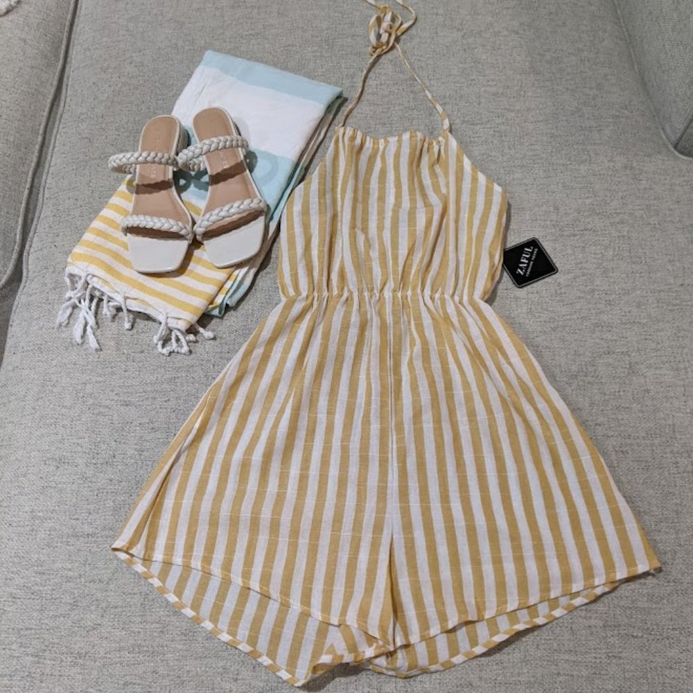 ZAFUL Striped Halter Wide Leg Romper